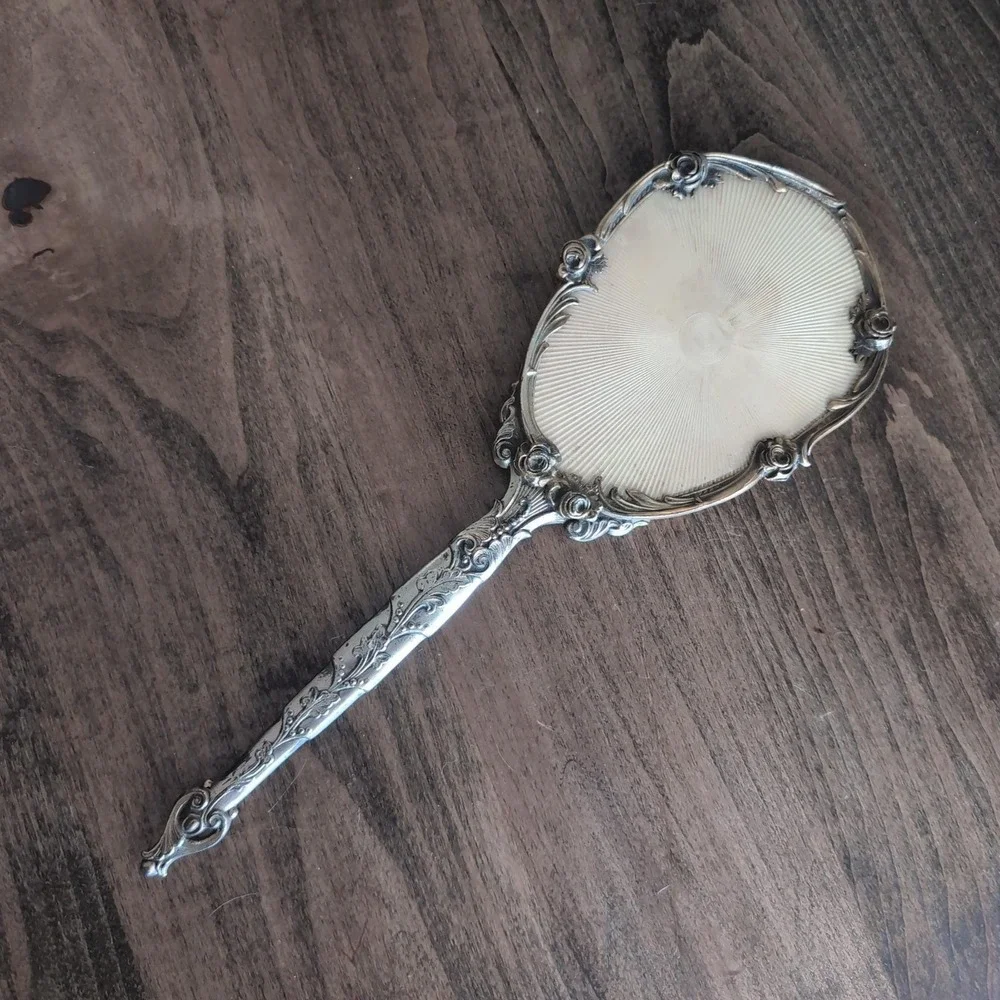 Large Vintage Art Nouveau Hand Mirror Ornate Rose Floral Silver Gold Tone Vanity
